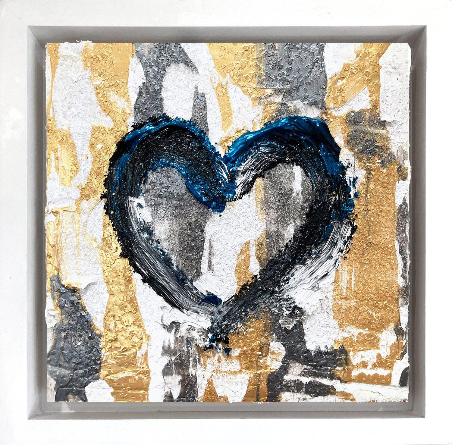 Cindy Shaoul Abstract Painting - "My Shining Heart" Gold and Silver Abstract Oil Painting with Floater Frame