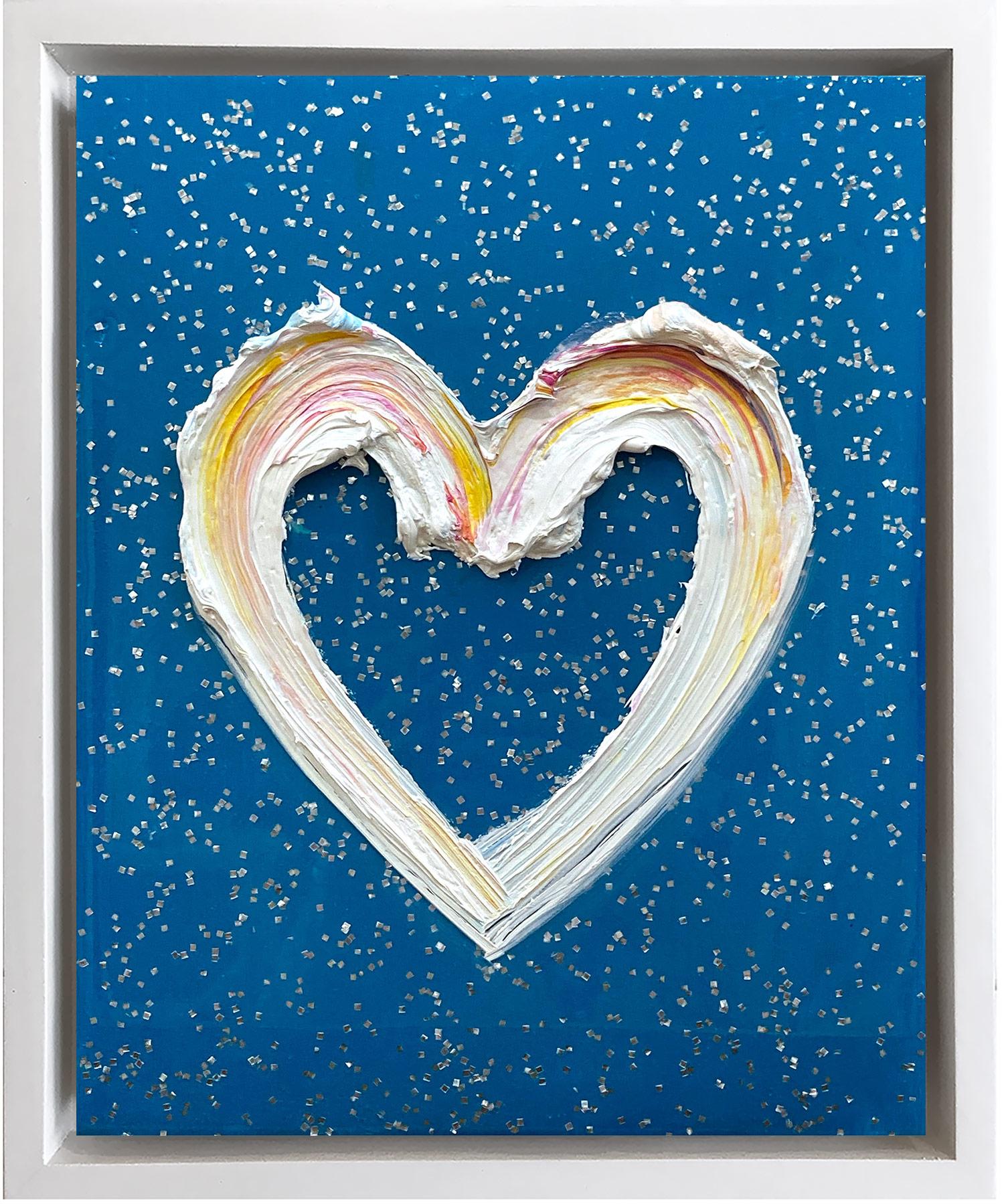 Cindy Shaoul Abstract Painting - "My Shooting Star Heart" Blue Contemporary Pop Oil Painting with Floater Frame