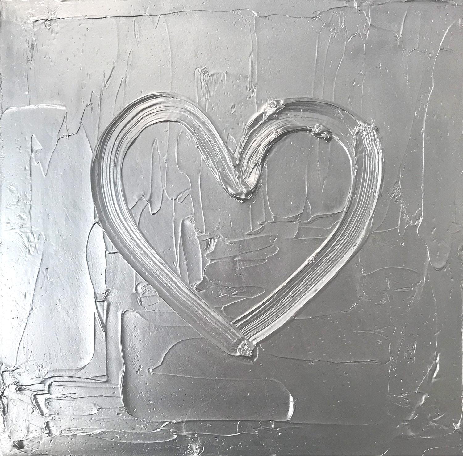 Cindy Shaoul Figurative Painting - "My Silver Heart" Contemporary Silver Oil Painting on Canvas