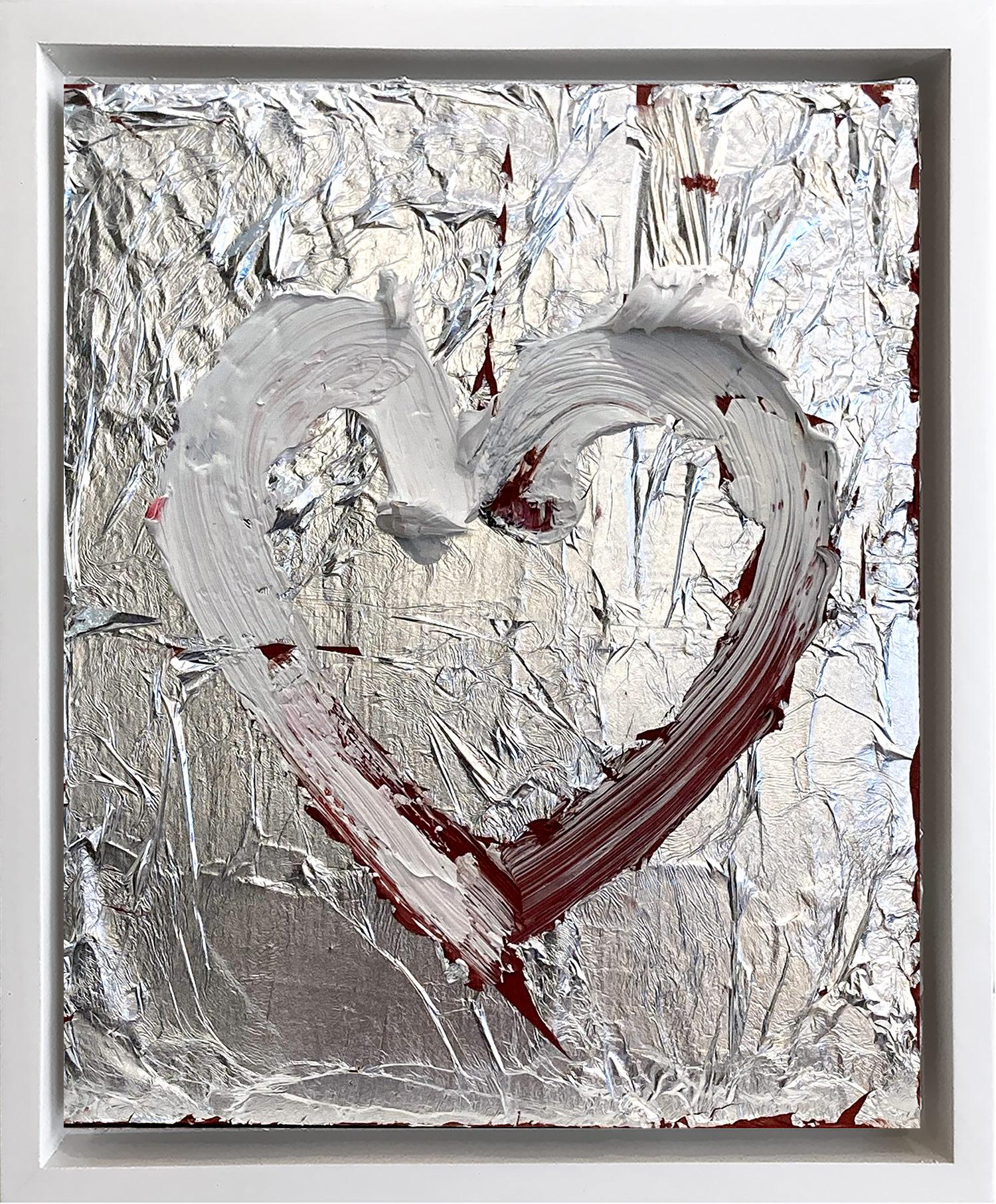 "My Silver Leaf Heart" Zeitgenössische Pop-Ölgemälde Holz Weiß Floater Frame