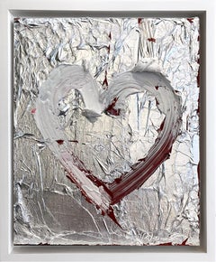 "My Silver Leaf Heart" Contemporary Pop Oil Painting Wood White Floater Frame