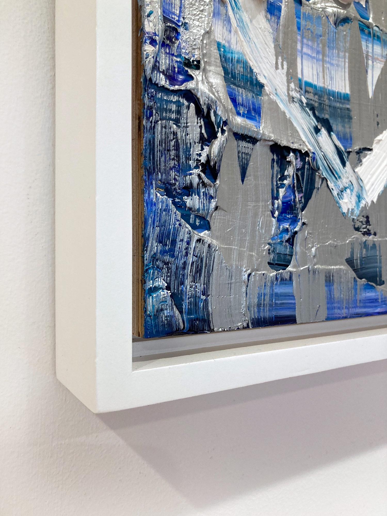 „My Silver Lining Heart“ Blaues Silber-Ölgemälde auf Holz mit weißem Floater-Rahmen im Angebot 5