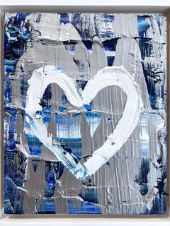 "Il mio cuore d'argento" Pittura a olio blu e argento su legno con cornice galleggiante bianca