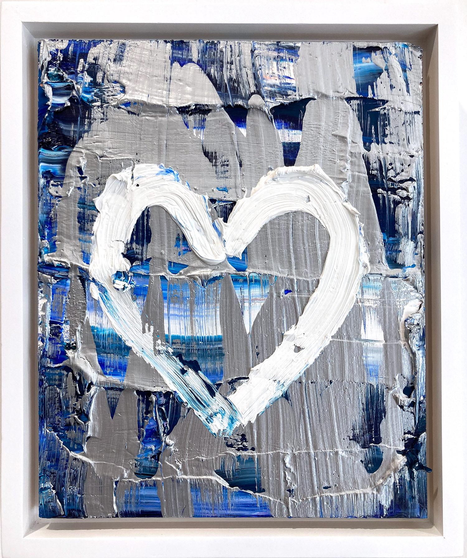 Cindy Shaoul Abstract Painting - "My Silver Lining Heart" Blue Silver Oil Painting on Wood w White Floater Frame