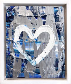 "My Silver Lining Heart" Blue Silver Oil Painting on Wood w White Floater Frame