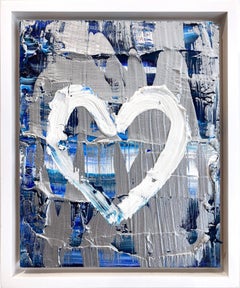 « My Silver Lining Heart », peinture à l'huile en argent bleu sur bois avec cadre flottant blanc