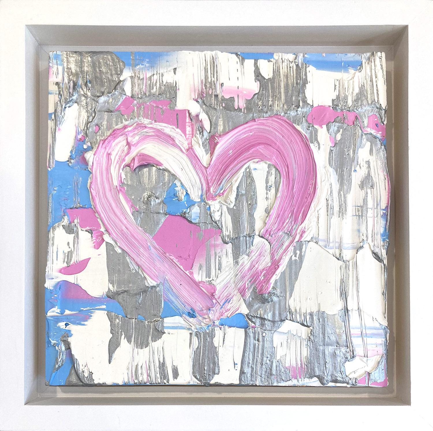 "My Silver Lining Heart"  Silver Blue + Pink Pop Art Oil Painting Floater Frame