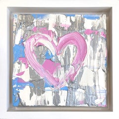 "My Silver Lining Heart"  Silver Blue + Pink Pop Art Oil Painting Floater Frame