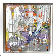 "My Silver Rainbow Heart" Multicolor Contemporary Oil Painting w Floater Frame