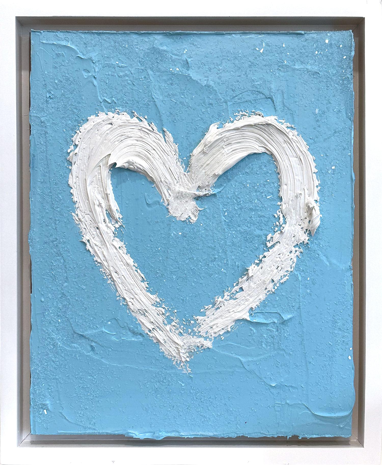Figurative Painting Cindy Shaoul - « My Sky Blue Diamond Heart », peinture à l'huile pop art bleue avec cadre flottant blanc