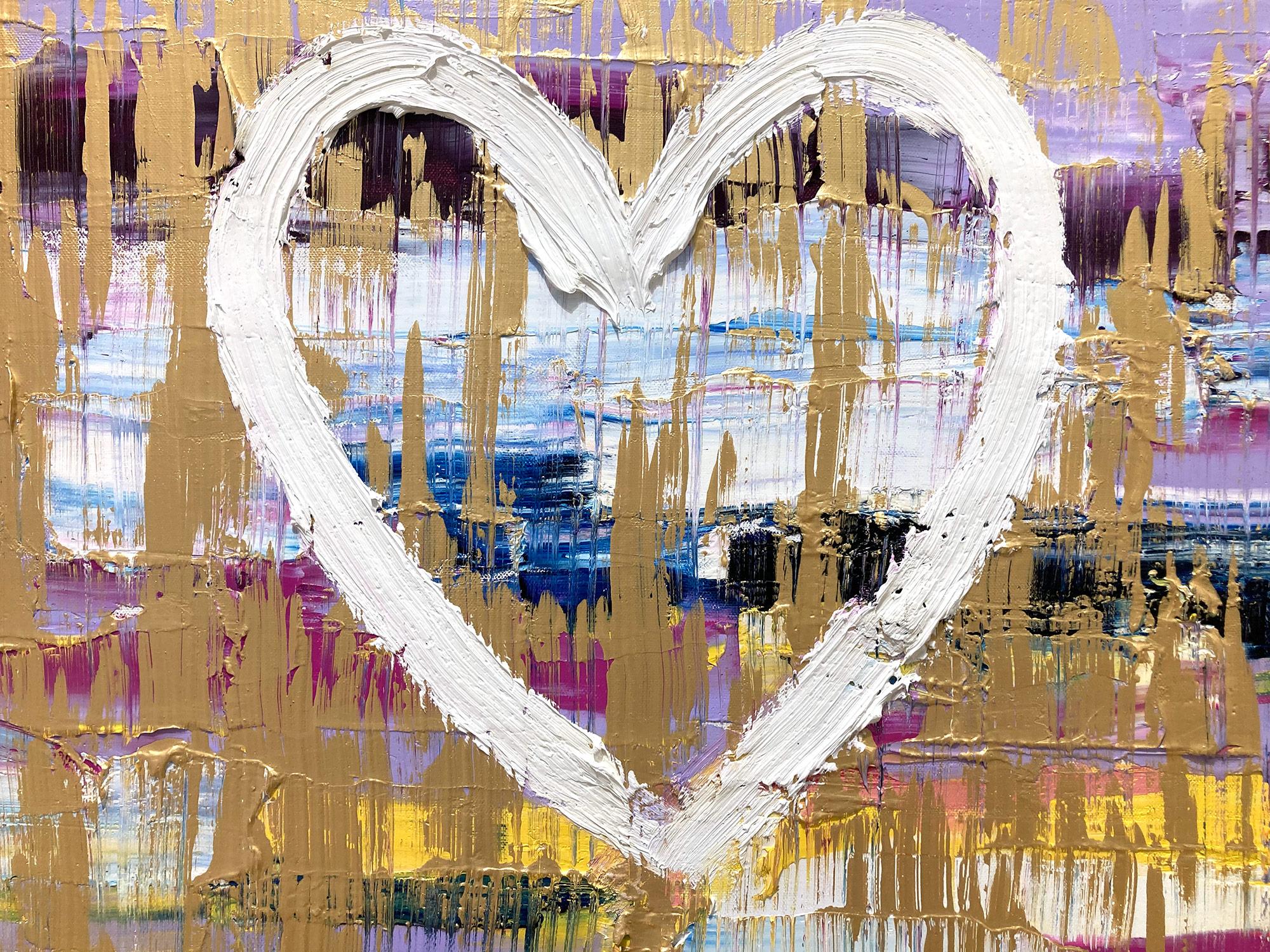 Motivated by bold color and fast brushwork, we are moved by the simplicity and thick textured oil paints in these works. This piece displays a beautiful lavender color with white heart. Shaoul’s “My Heart Collection” is a vibrant and energetic