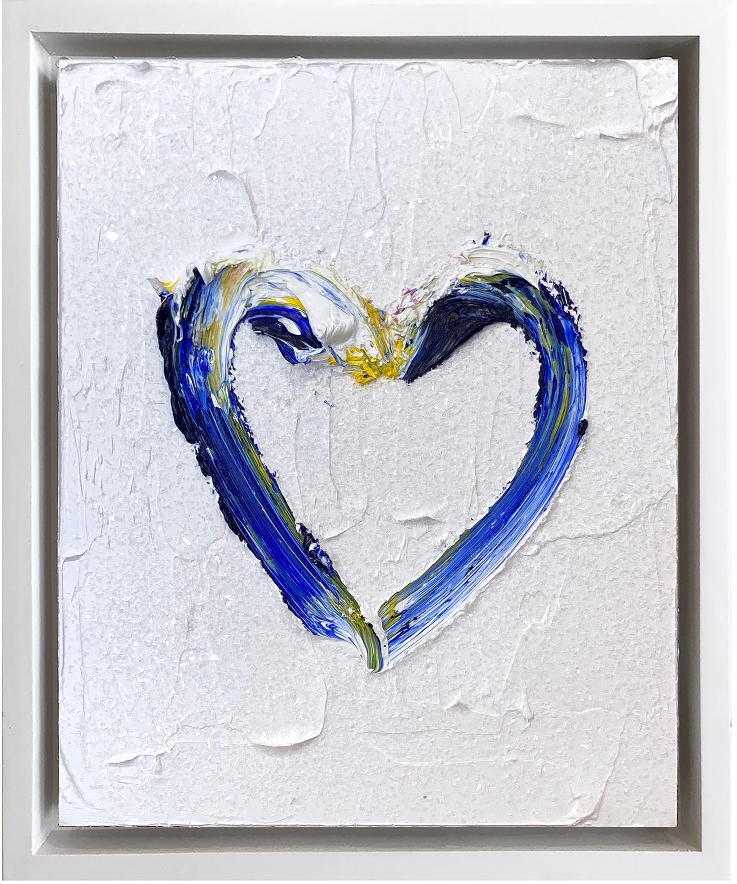 Abstract Painting Cindy Shaoul - "My Cartier Heart" Peinture à l'huile contemporaine bleue et blanche avec cadre flottant 