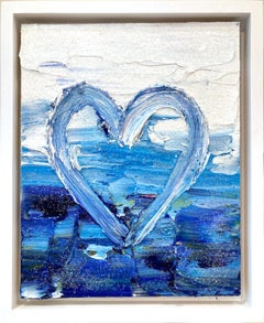 "My Sparkling Heart " Blue 
White Contemporary Pop Oil Painting w Floater Frame