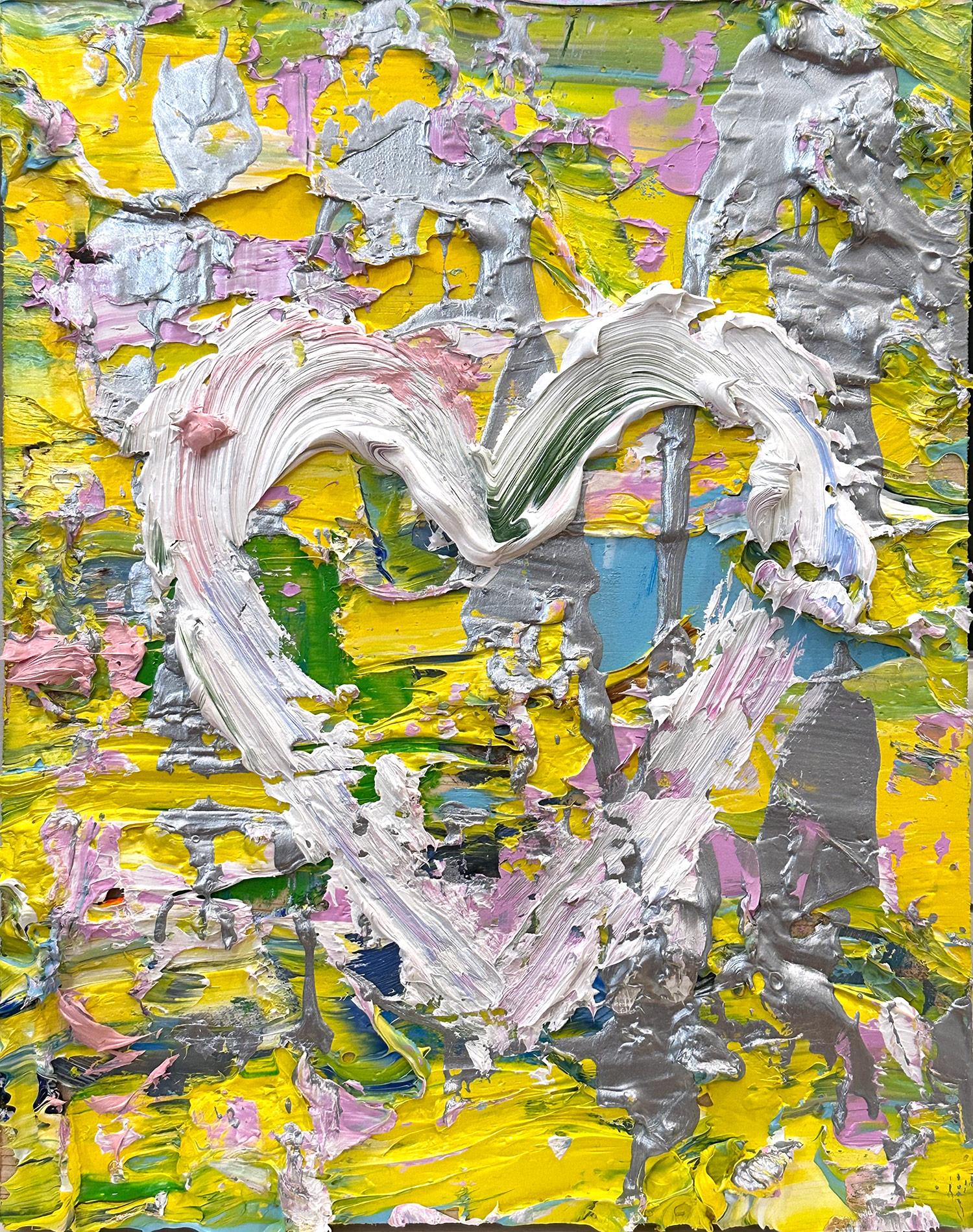 « My Spring in Yves Saint Laurent Heart », peinture à l'huile pop art, cadre flottant blanc - Painting de Cindy Shaoul