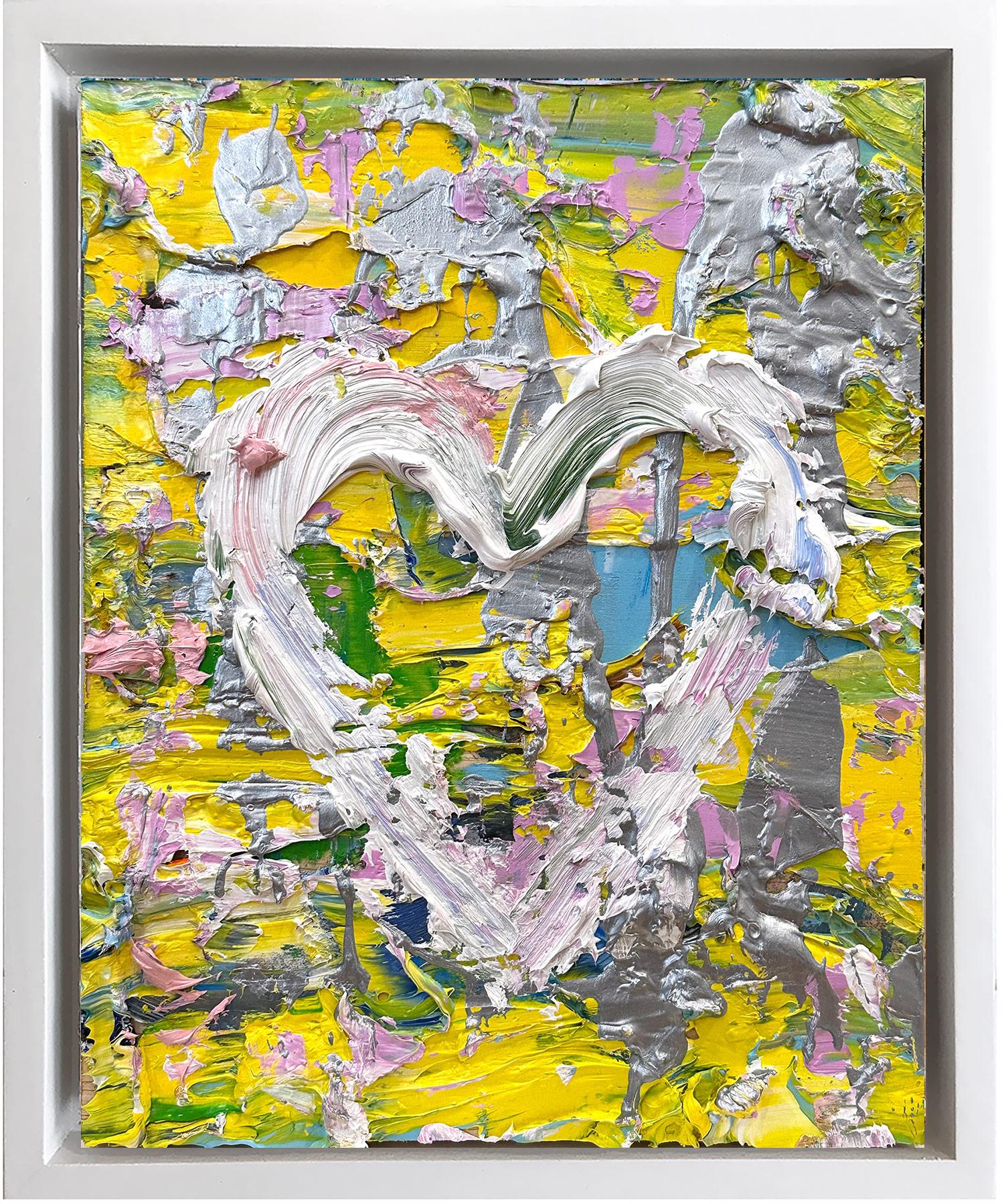 Figurative Painting Cindy Shaoul - « My Spring in Yves Saint Laurent Heart », peinture à l'huile pop art, cadre flottant blanc