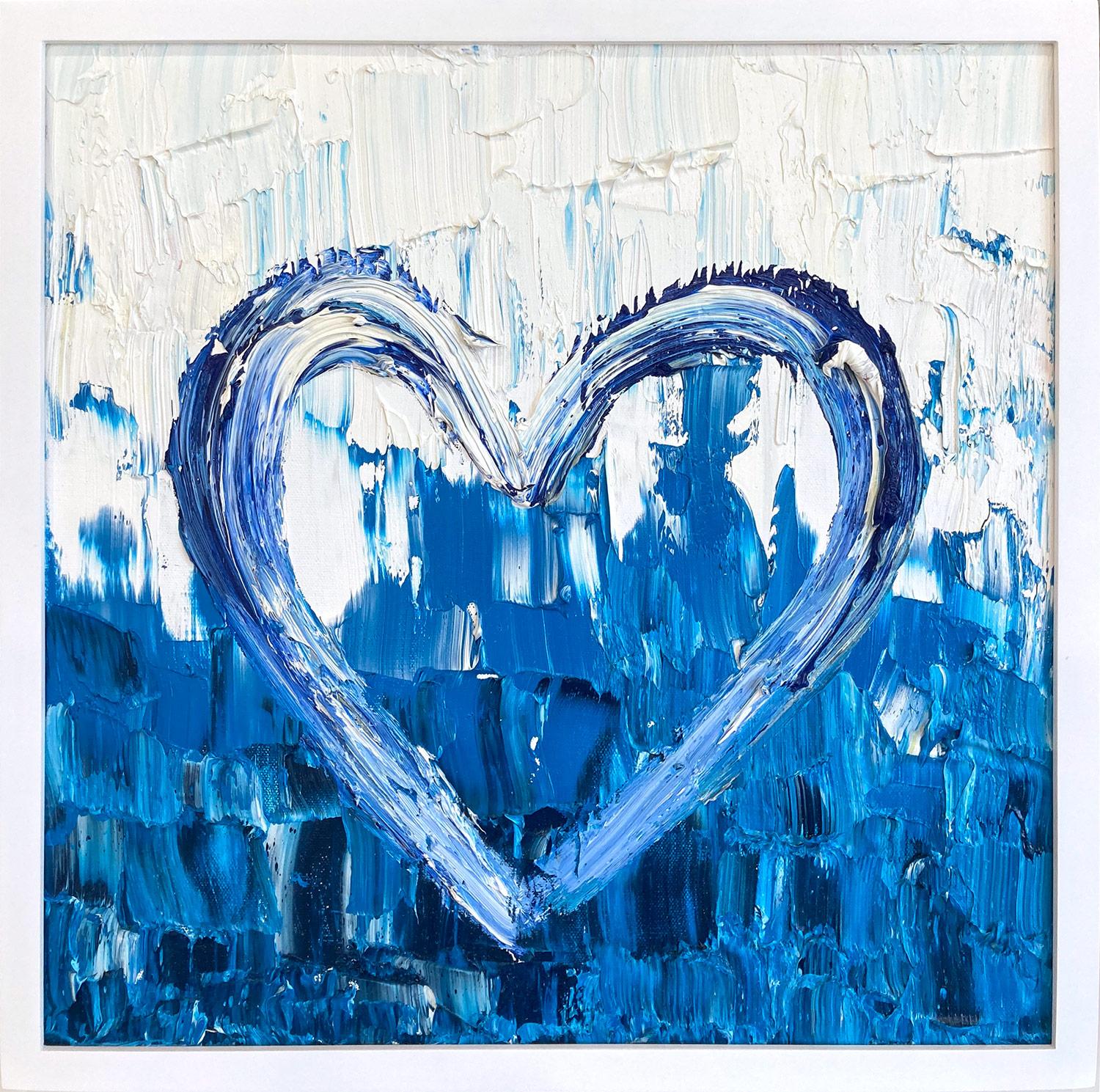 Figurative Painting di Cindy Shaoul - "Il mio cuore di St. Barths" Pittura a olio contemporanea a gradiente blu su tela con cornice