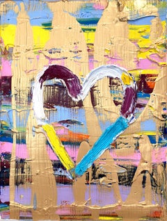 "Il mio cuore a stella" Pittura a olio contemporanea multicolore e oro con cornice galleggiante