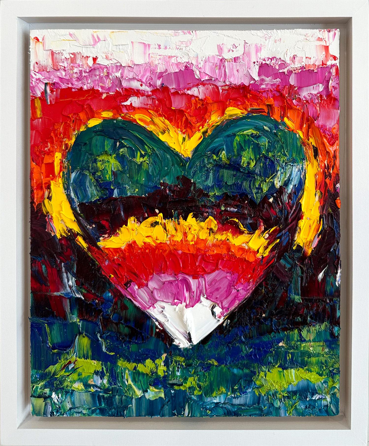 "Il mio cuore per sempre nei campi di fragole" Pittura a olio multicolore con cornice galleggiante