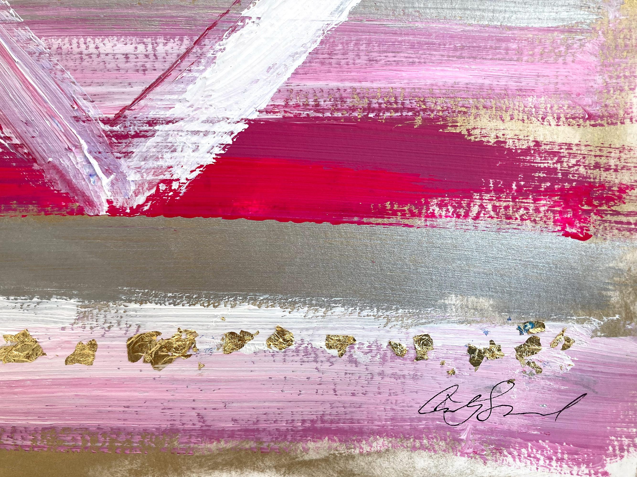 „Mein Erdbeerfarbenes mattiertes Herz“ Buntes Gemälde aus Acryl und Blattgold auf Papier im Angebot 2