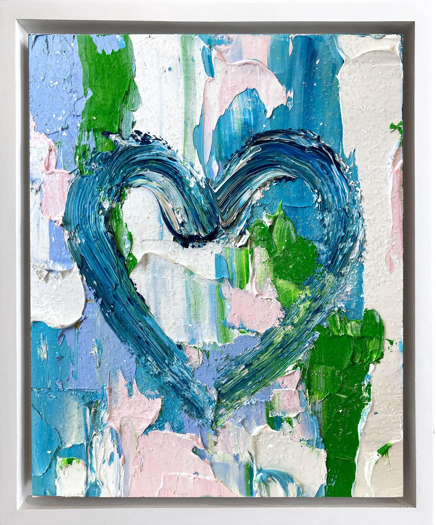 Cindy Shaoul Abstract Painting - "My Summers in St. Barths Heart" Pop Art Oil Painting with White Floater Frame
