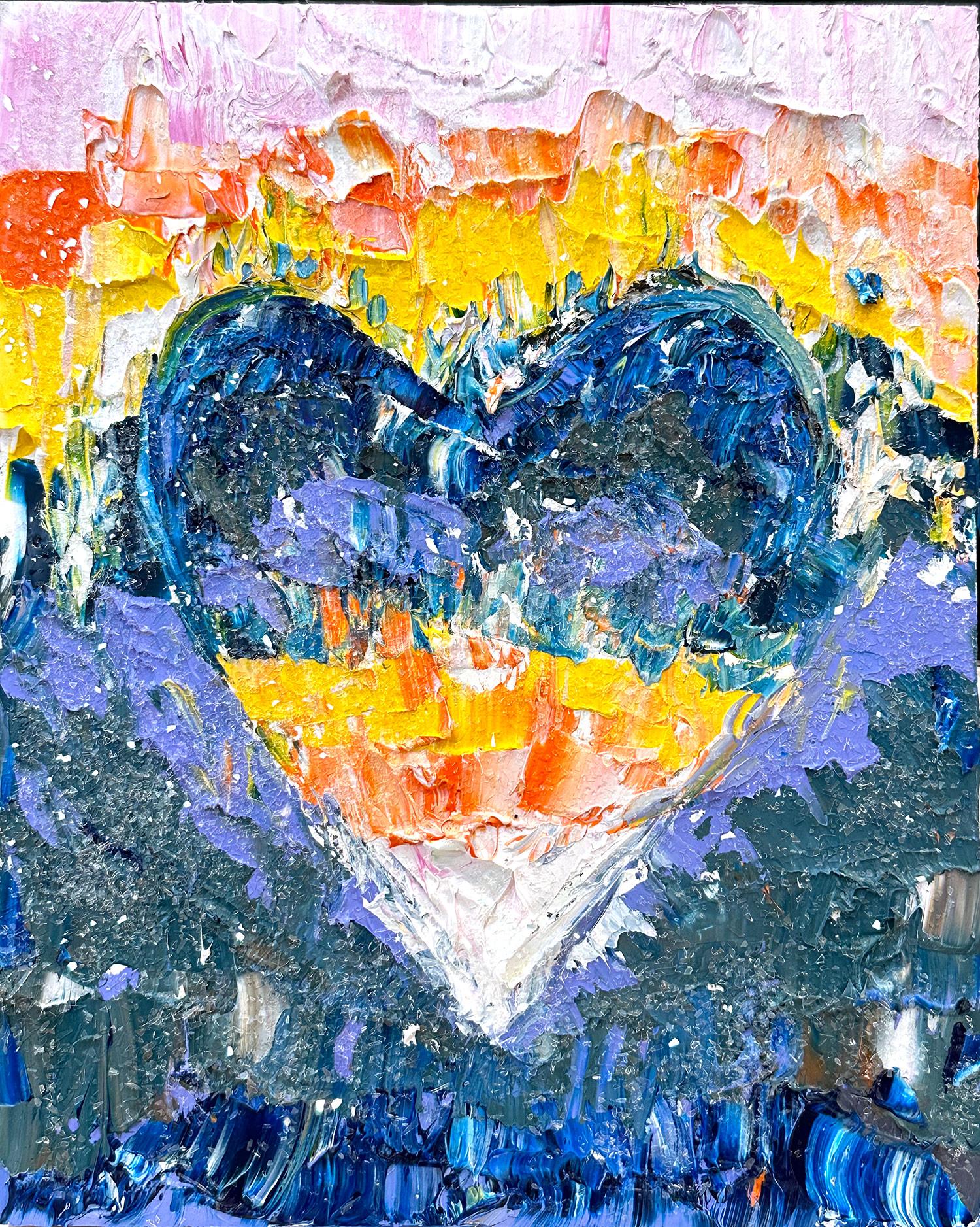 „My Swarovski Rainbow Heart“ Buntes Pop-Art-Ölgemälde, Weißes Floater-Rahmen mit Regenbogenmuster – Painting von Cindy Shaoul