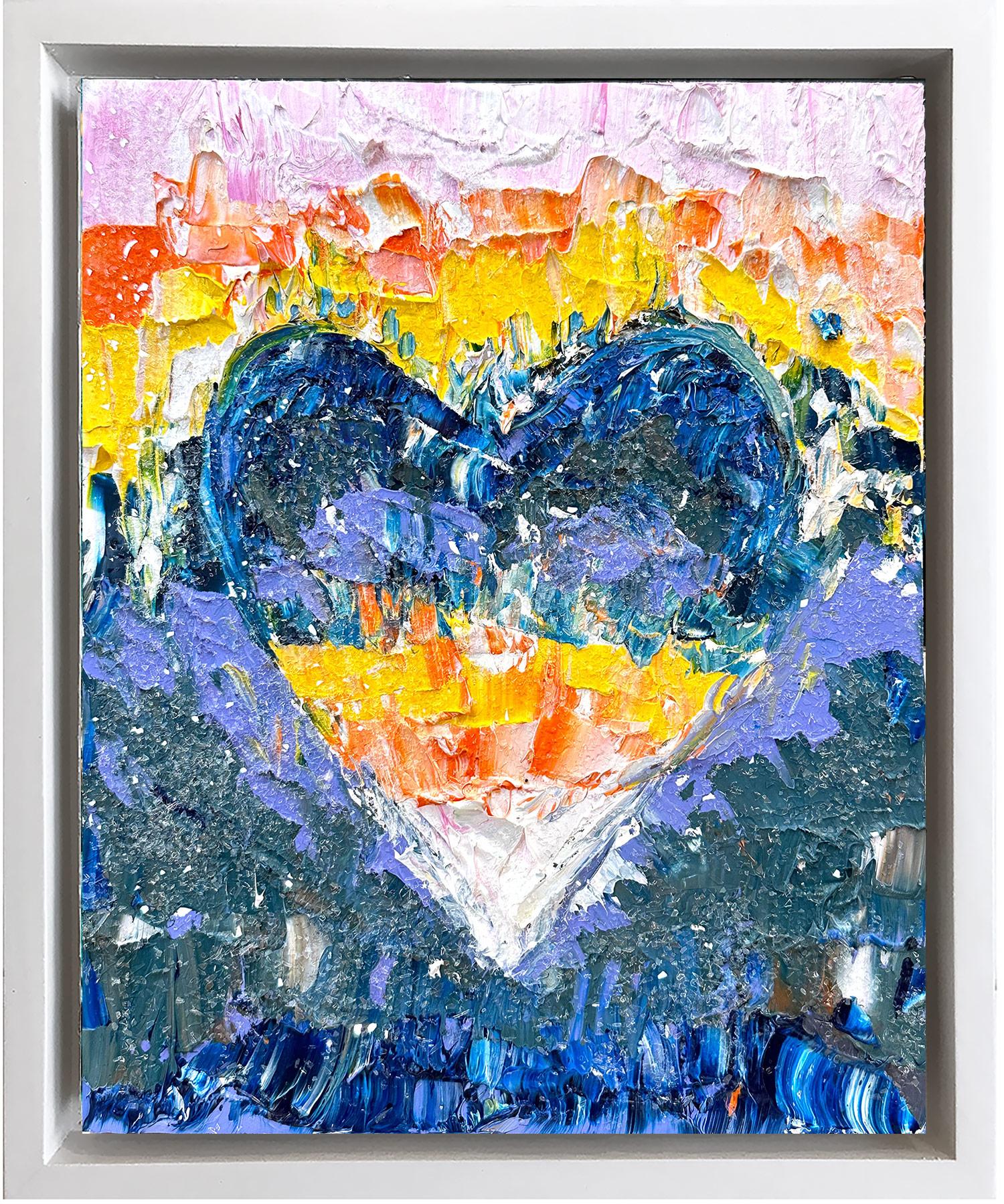 Cindy Shaoul Abstract Painting – „My Swarovski Rainbow Heart“ Buntes Pop-Art-Ölgemälde, Weißes Floater-Rahmen mit Regenbogenmuster