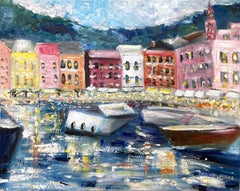 "My Sweet Escape" Boats Docked at Portofino Impressionist Oil Painting on Canvas