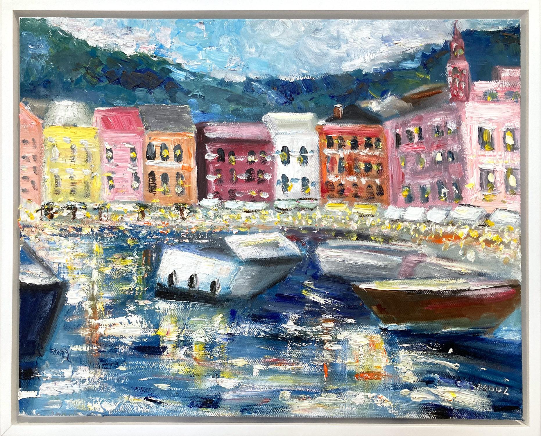 Cindy Shaoul Landscape Painting - "My Sweet Escape" Boats Docked at Portofino Impressionist Oil Painting on Canvas