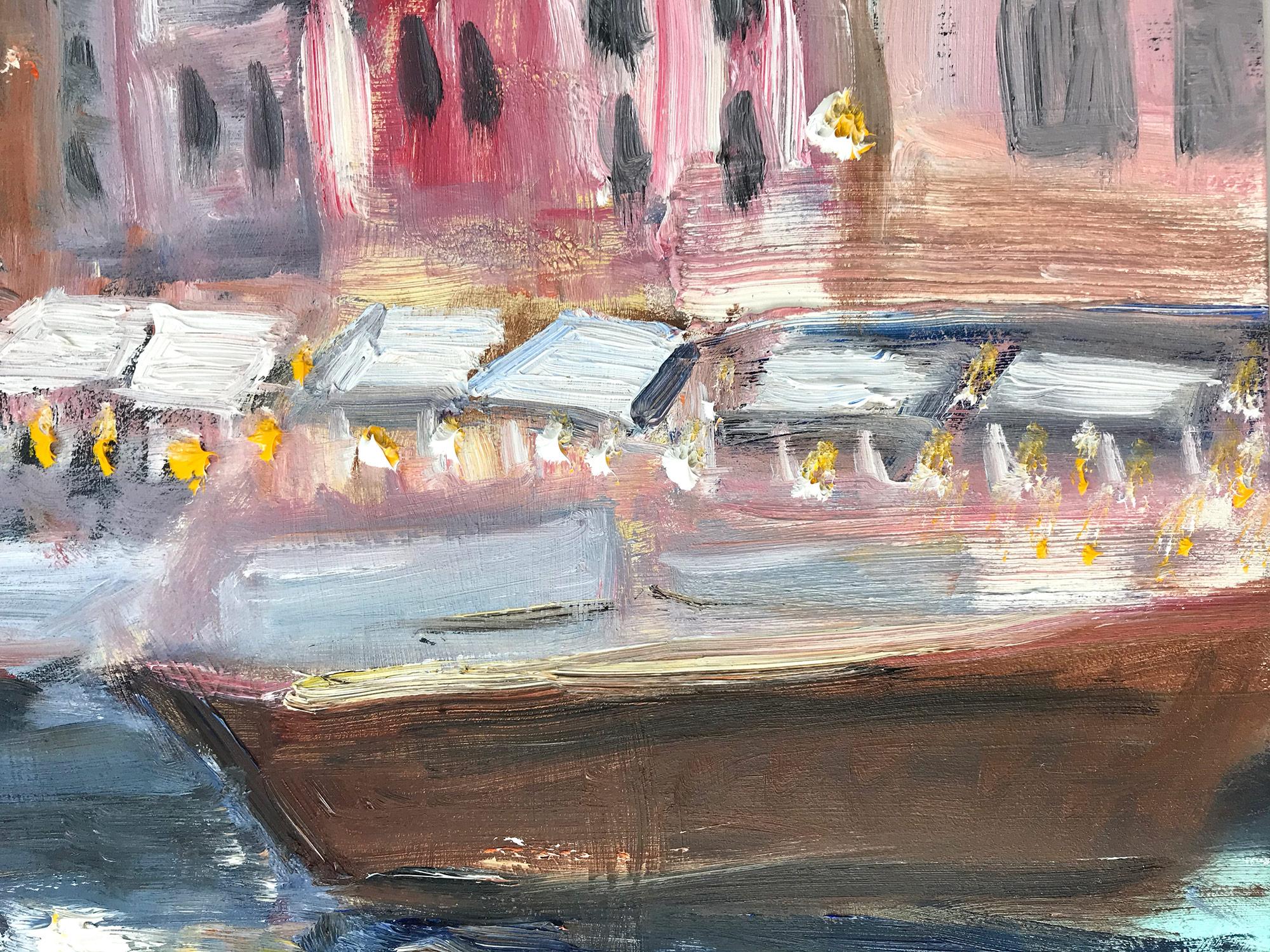 This painting depicts an impressionistic scene of Boats Docked in Portofino Italy, with beautiful brushwork and whimsical colors. The scene is captrued with a nostalgia, as the colors vibrate with emotion. 