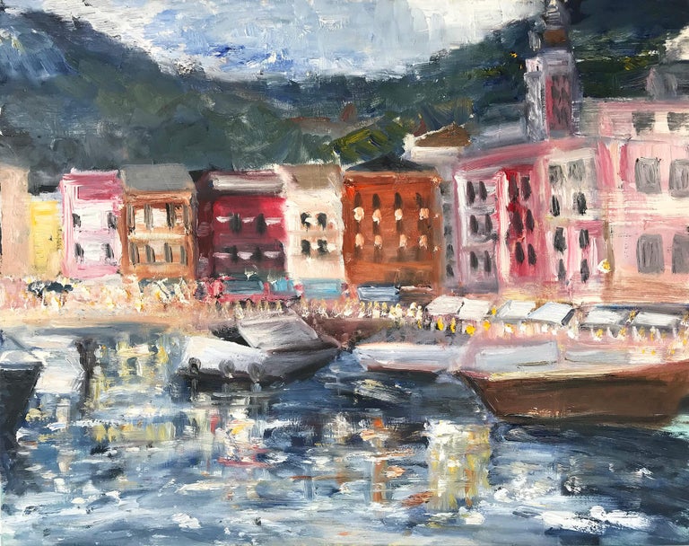 Cindy Shaoul Figurative Painting - "My Sweet Escape" Boats Docked at Portofino Impressionist Oil Painting on Panel