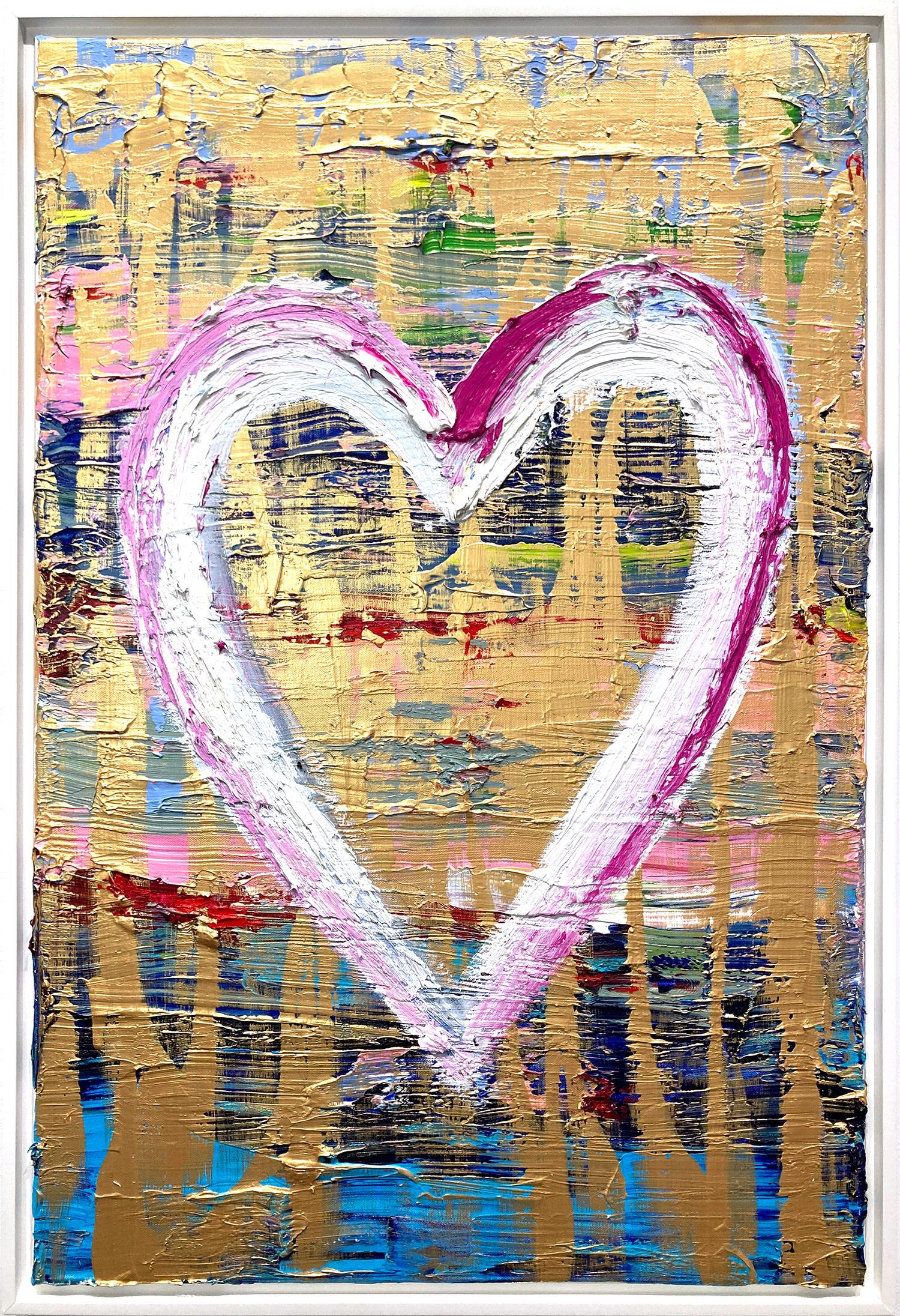 "My Sweet Heart" Peinture à l'huile contemporaine multicolore et dorée sur toile encadrée