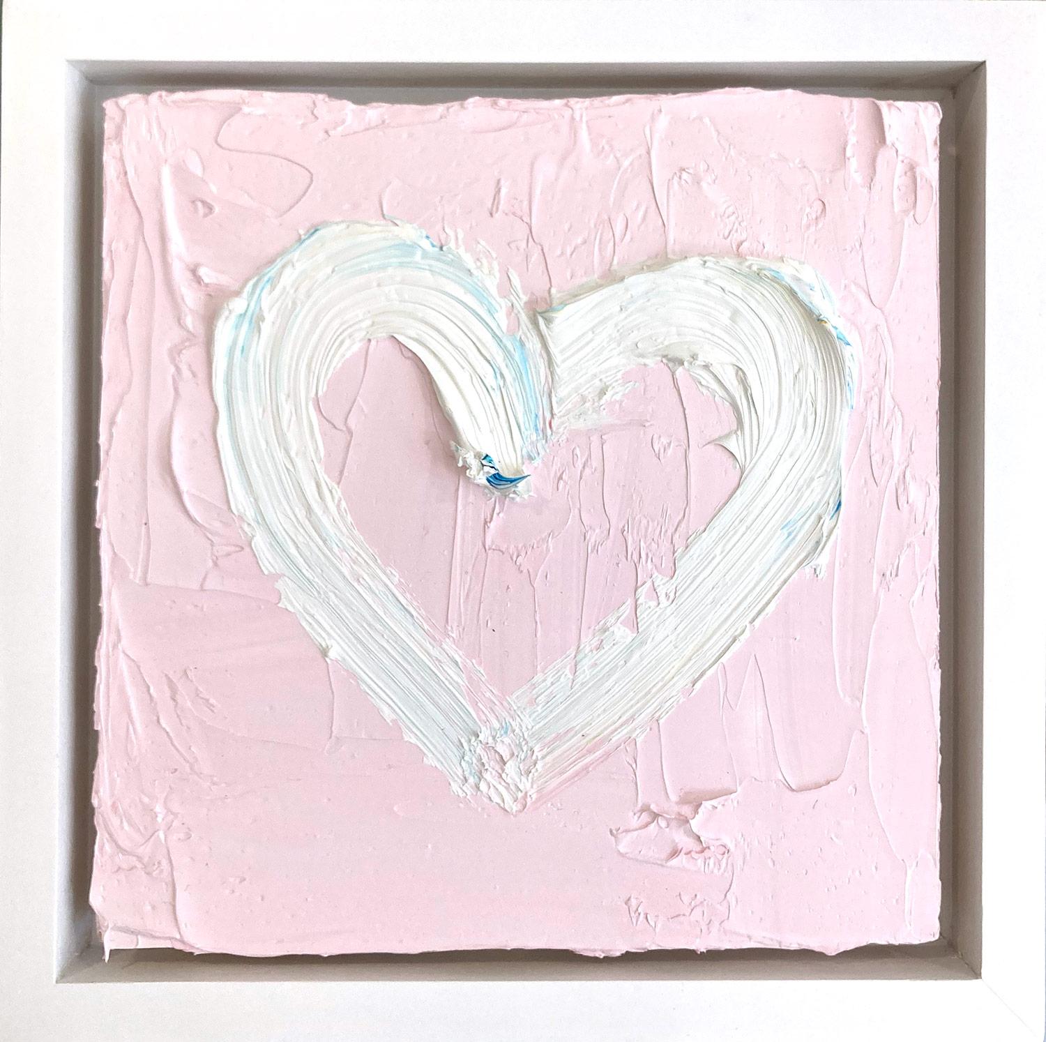 Abstract Painting Cindy Shaoul - « My Sweet Heart », peinture à l'huile pop art blanche et rose avec cadre flottant blanc