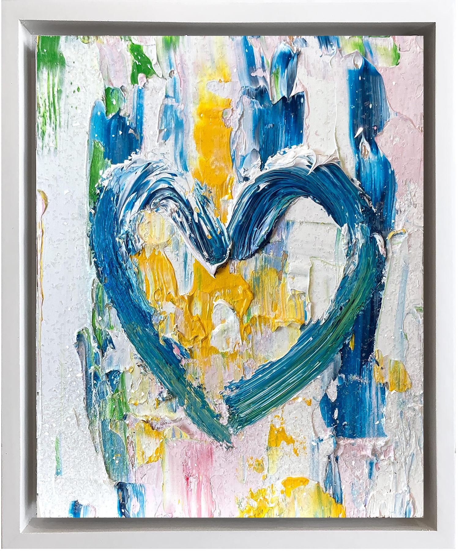 Cindy Shaoul Figurative Painting - "My Take Me Away Heart" Colorful Pop Art Oil Painting with White Floater Frame