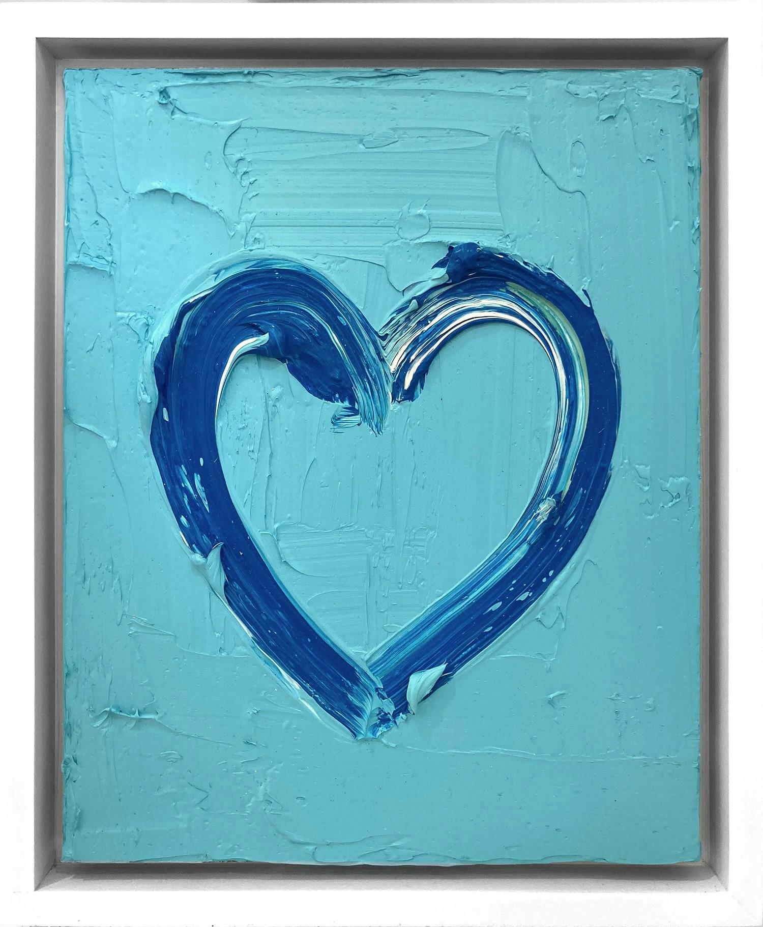 Cindy Shaoul Abstract Painting - "My Teal Heart" Blue & Teal Pop Oil Painting on Wood with White Floater Frame