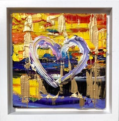 « My Tequila Sunrise Heart », peinture à l'huile abstraite colorée avec cadre flottant