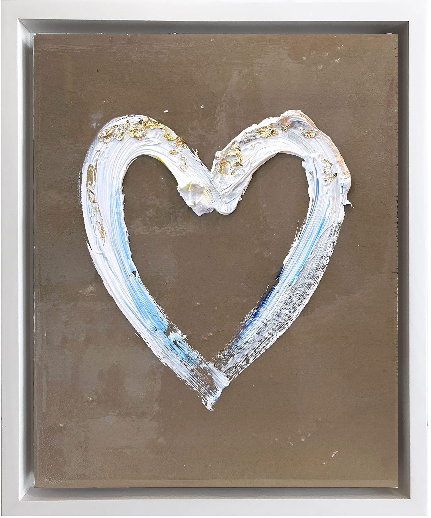 "My Timeless Heart" Taupe & Gold Leaf Contemporary Oil Painting with White Frame