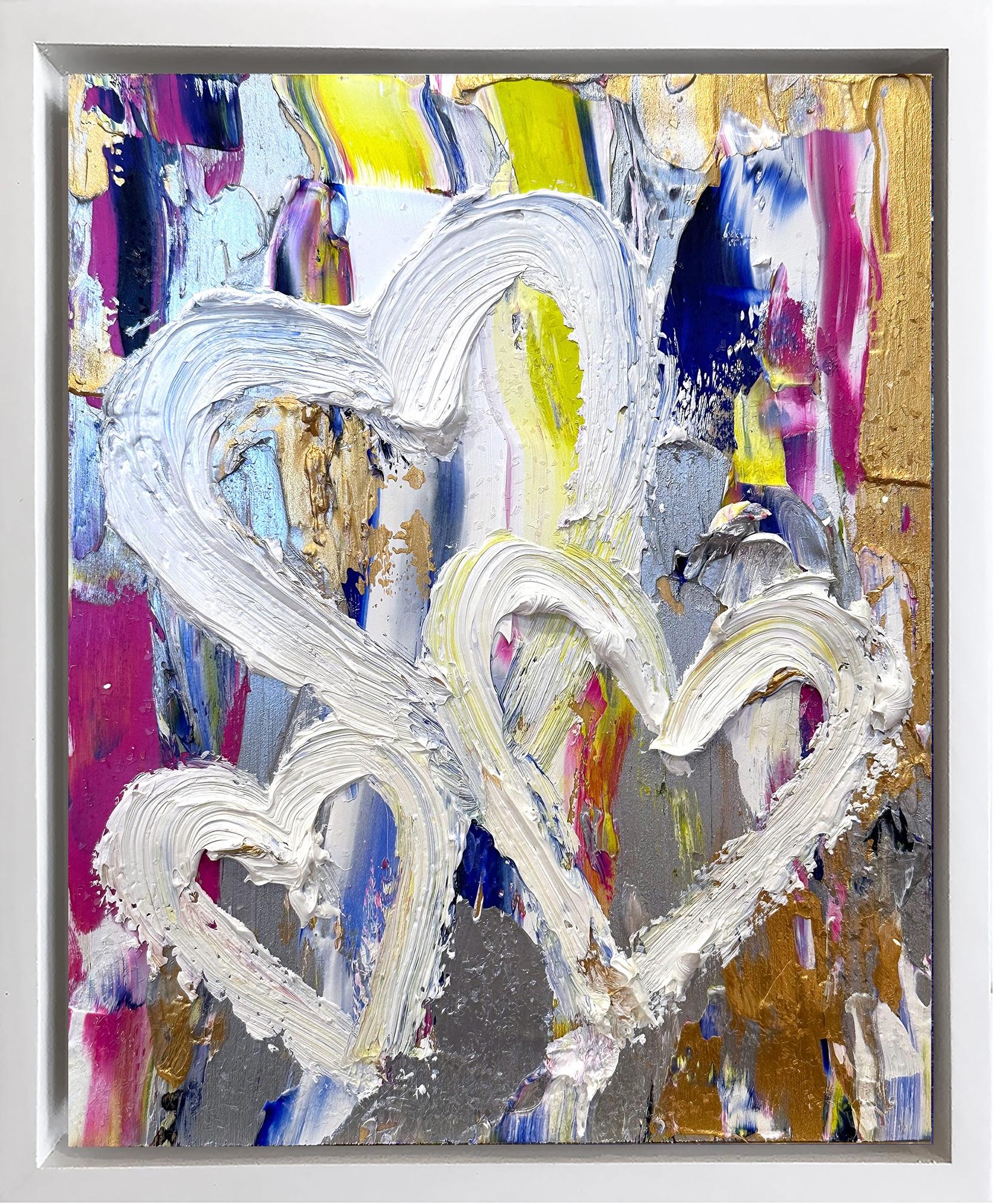 Cindy Shaoul Abstract Painting – "Meine Dreifaltigkeit der Diamantenherzen" Ölgemälde auf Karton mit weißem Schweberahmen