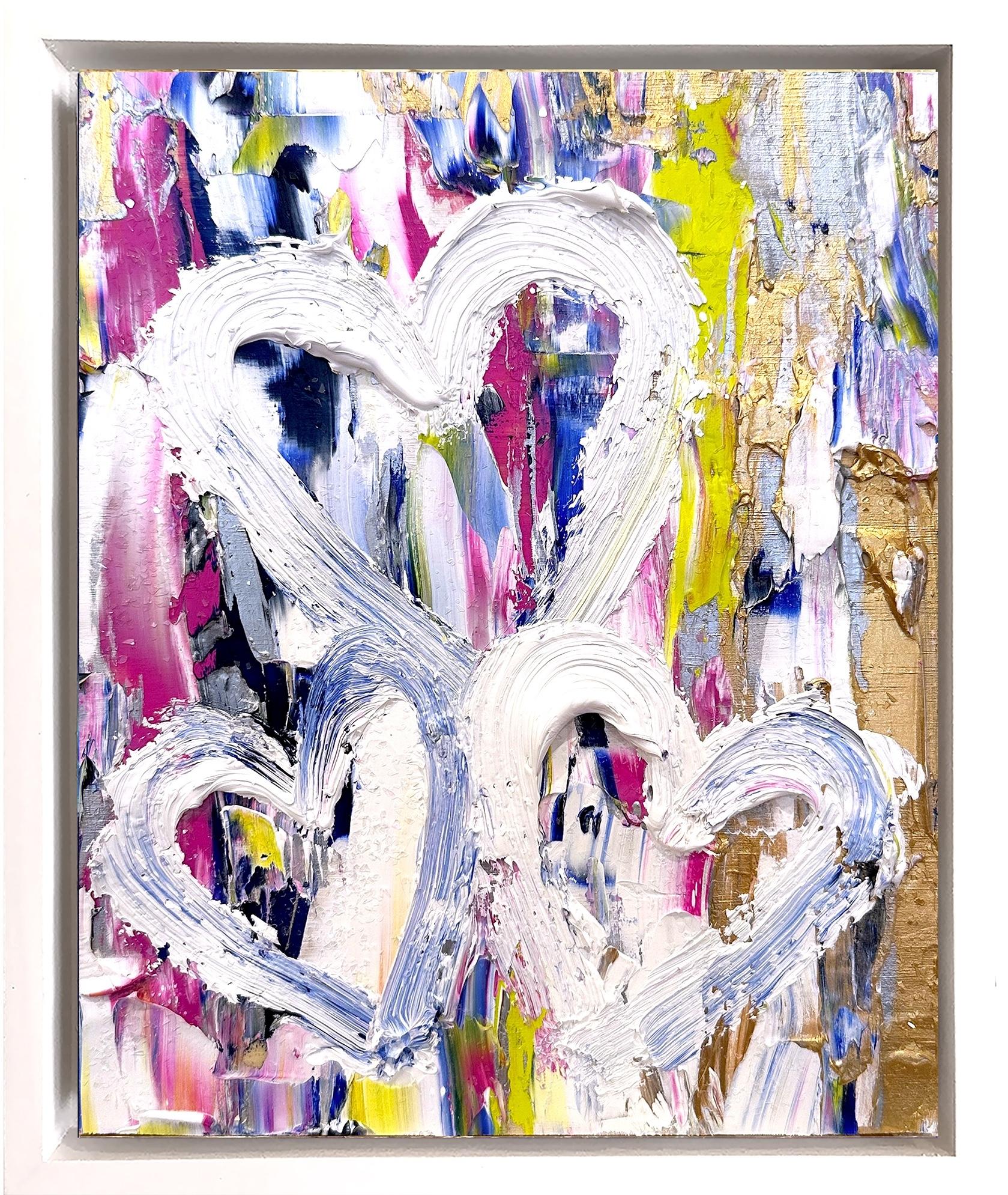 Cindy Shaoul Abstract Painting - "My Triple Kiss Diamond Hearts" Oil Painting on Board with White Floater Frame