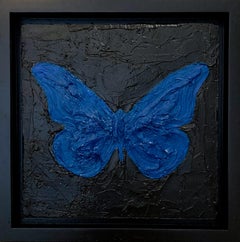"My Turquoise Butterfly" Contemporary Pop Art Oil Painting w Black Floater Frame