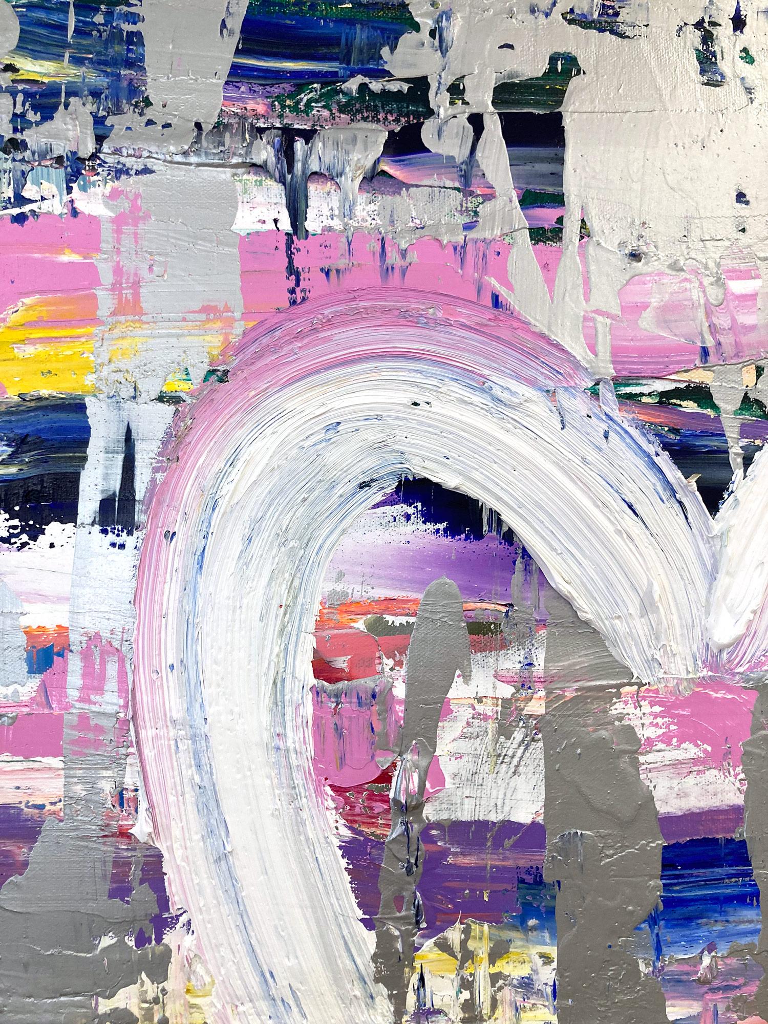Mehrfarbiges Öl- Pop-Gemälde „My Love at First Sight Heart“ auf Leinwand mit Silber – Painting von Cindy Shaoul
