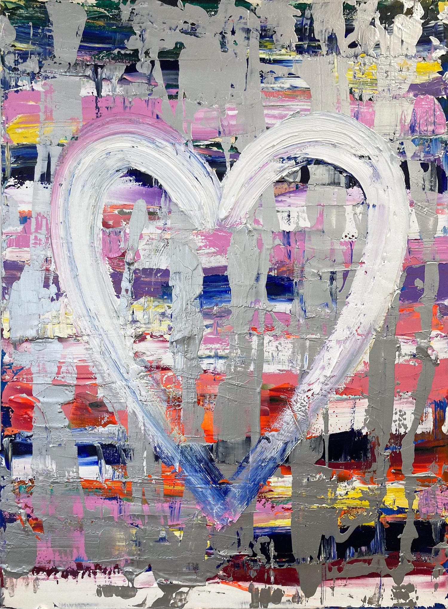 Cindy Shaoul Figurative Painting – Mehrfarbiges Öl- Pop-Gemälde „My Love at First Sight Heart“ auf Leinwand mit Silber