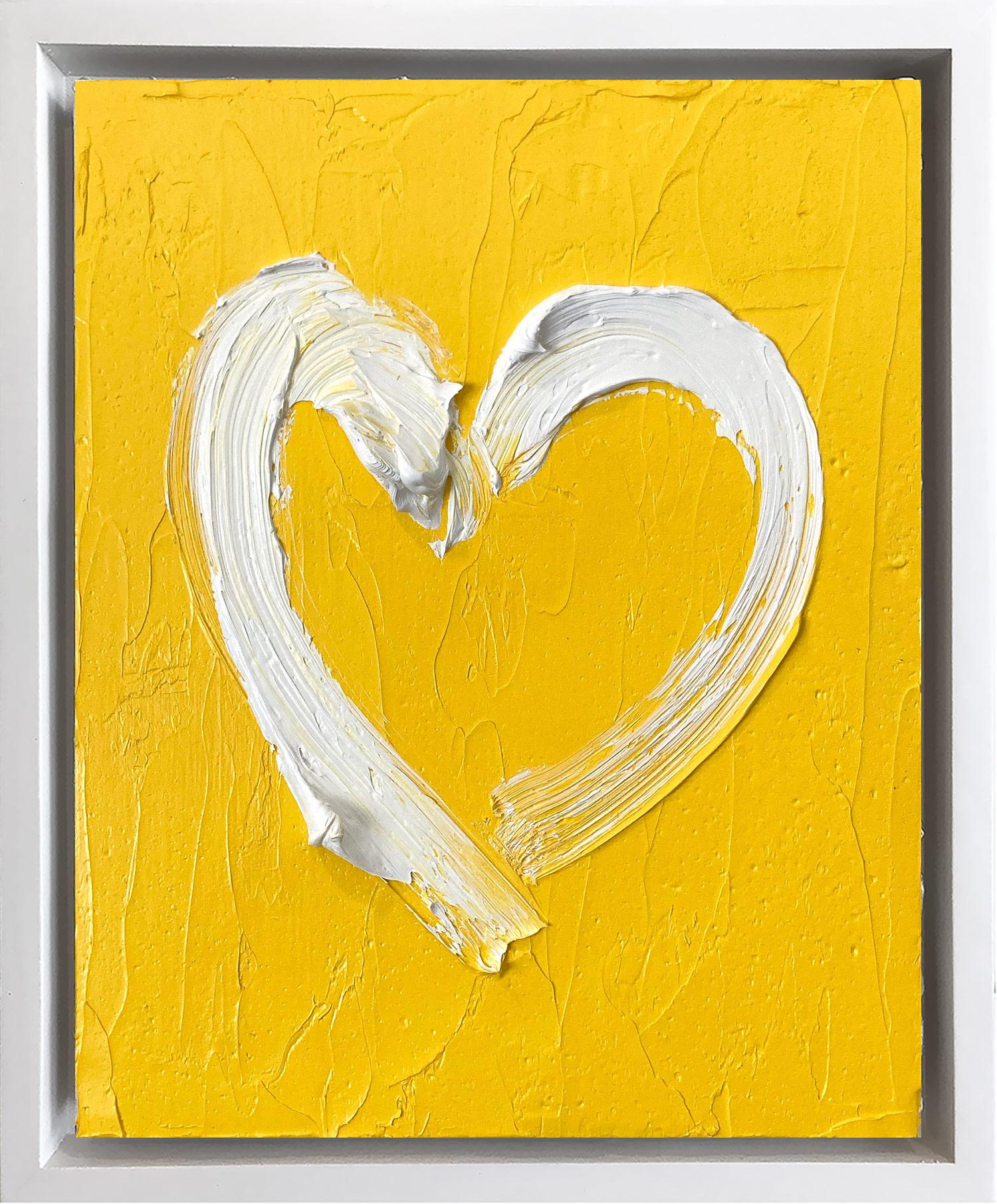 Abstract Painting di Cindy Shaoul - "Il mio cuore che cammina sul sole" Pittura a olio pop su legno con cornice bianca fluttuante