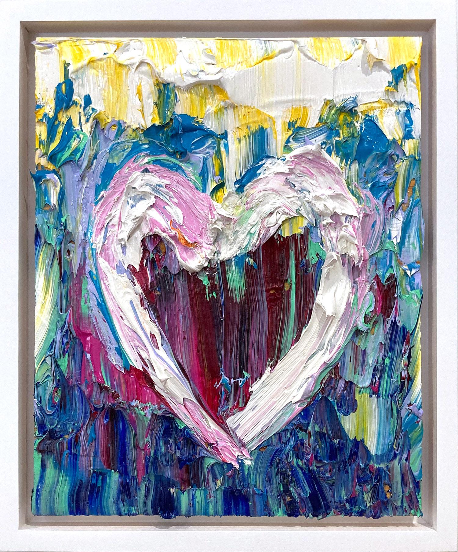 Abstract Painting de Cindy Shaoul - "Mi corazón de azúcar de sandía" Pintura al óleo pop sobre madera con marco flotante blanco