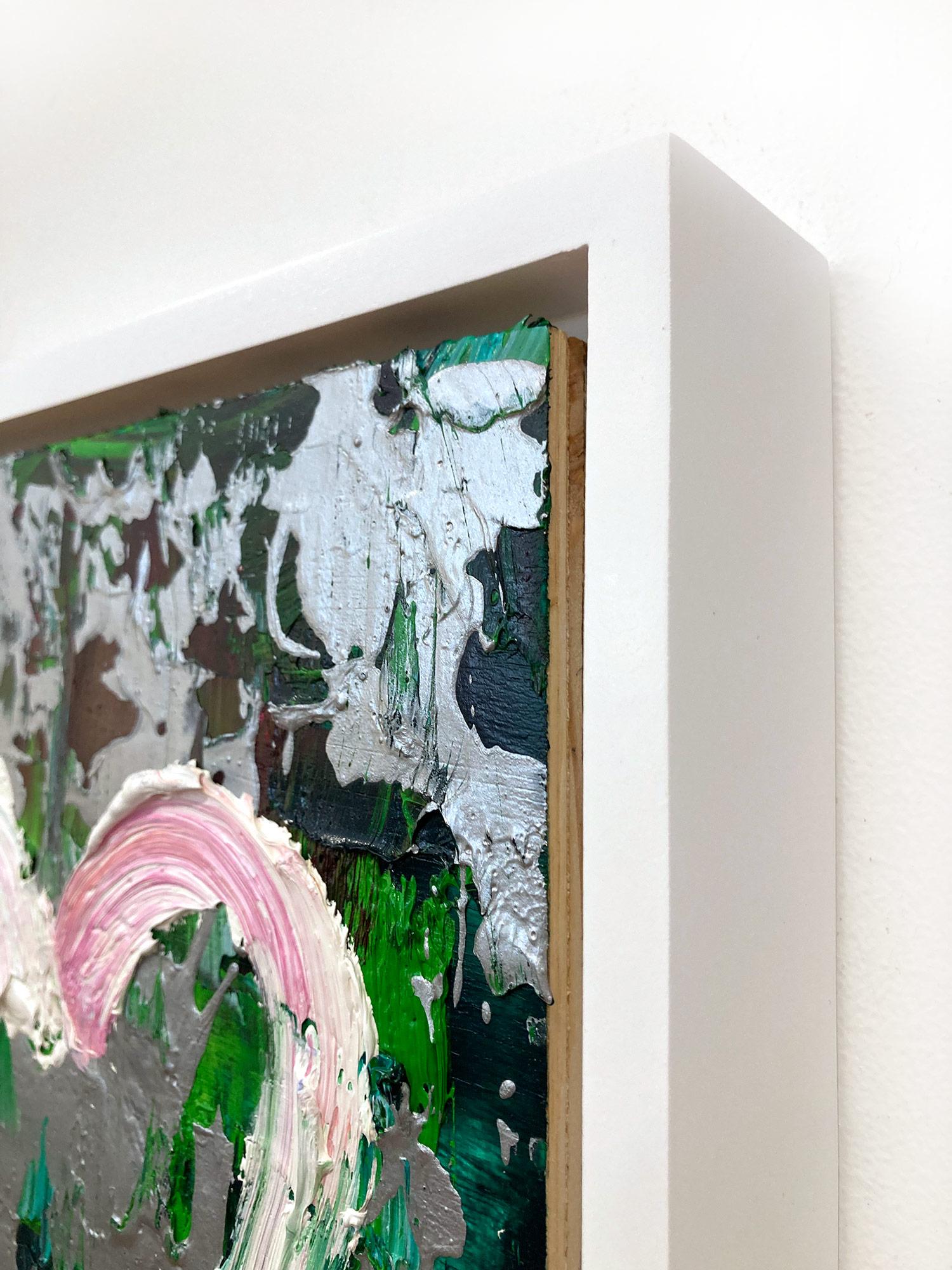 « My Wild at Heart », peinture à l'huile pop art verte et argentée avec cadre flottant blanc en vente 6