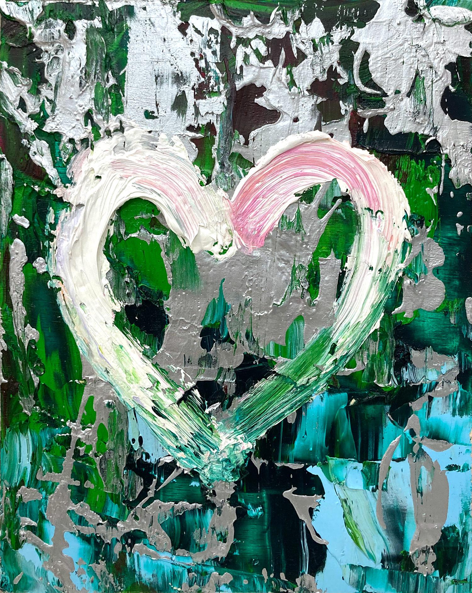 « My Wild at Heart », peinture à l'huile pop art verte et argentée avec cadre flottant blanc - Painting de Cindy Shaoul