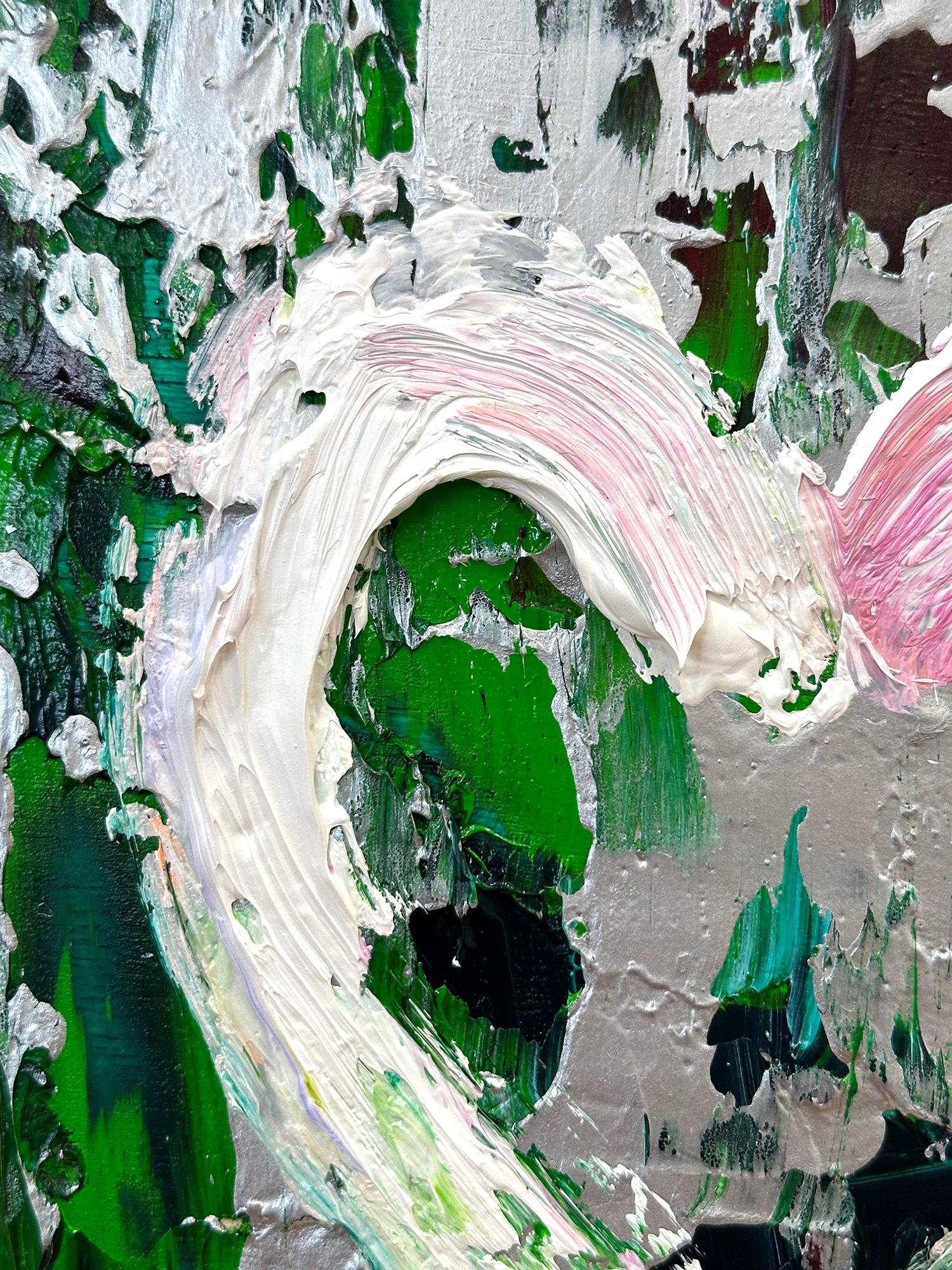« My Wild at Heart », peinture à l'huile pop art verte et argentée avec cadre flottant blanc - Contemporain Painting par Cindy Shaoul