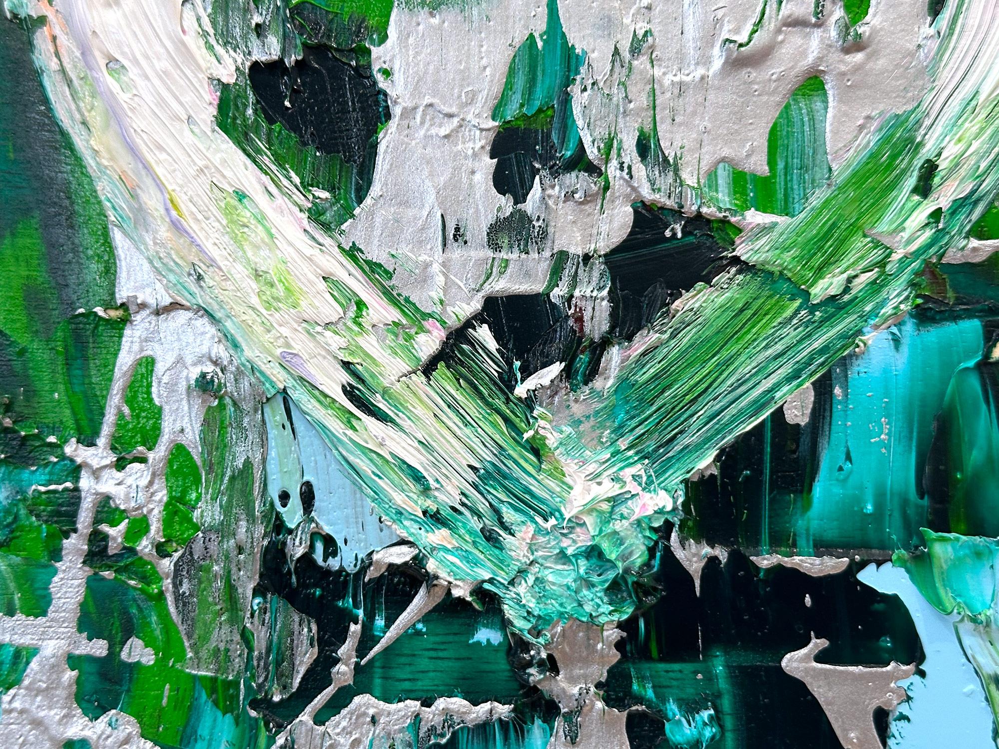 „My Wild at Heart“ Grünes & silbernes Pop-Art-Ölgemälde mit weißem Floater-Rahmen im Angebot 1