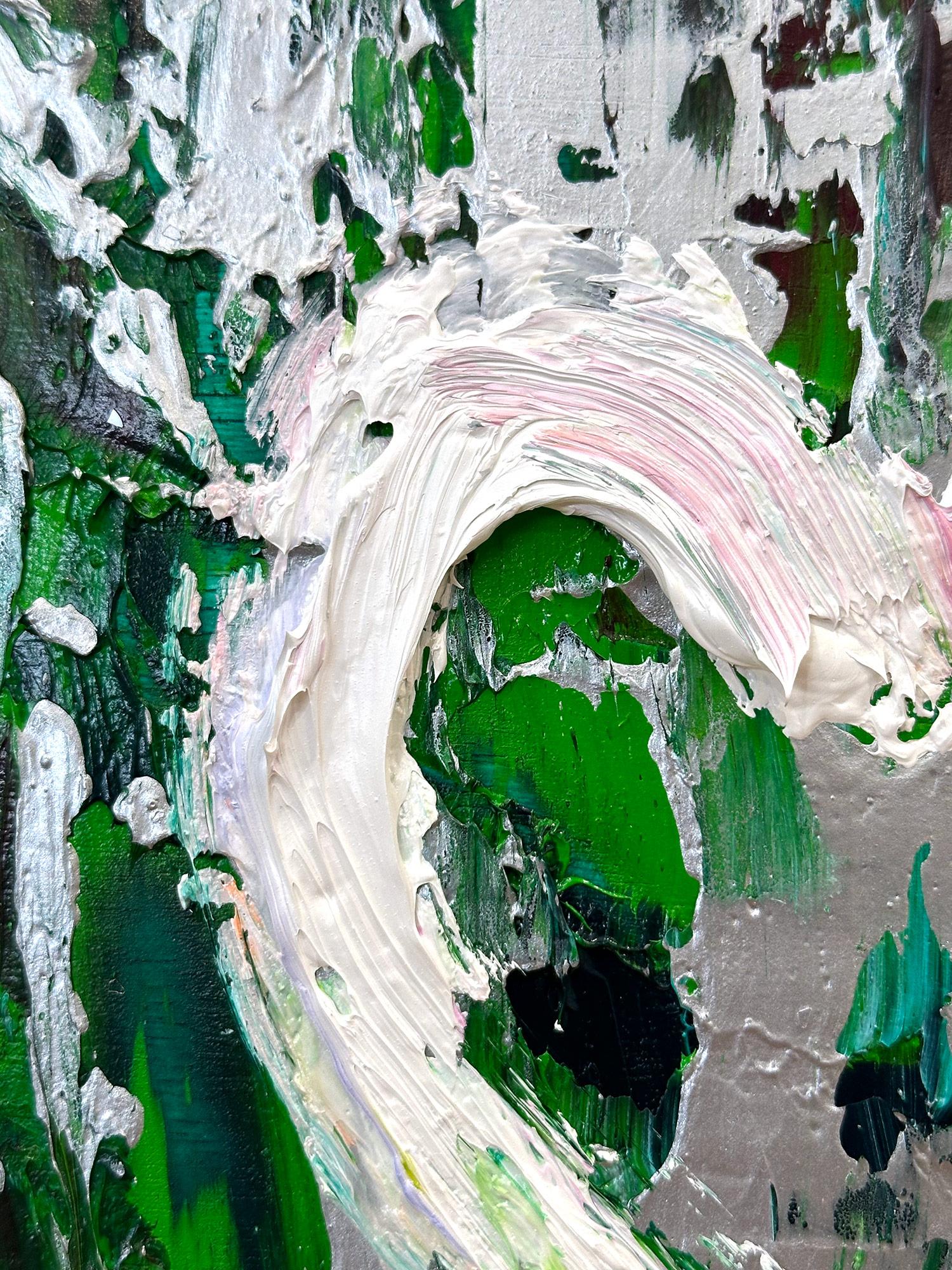 « My Wild at Heart », peinture à l'huile pop art verte et argentée avec cadre flottant blanc en vente 2