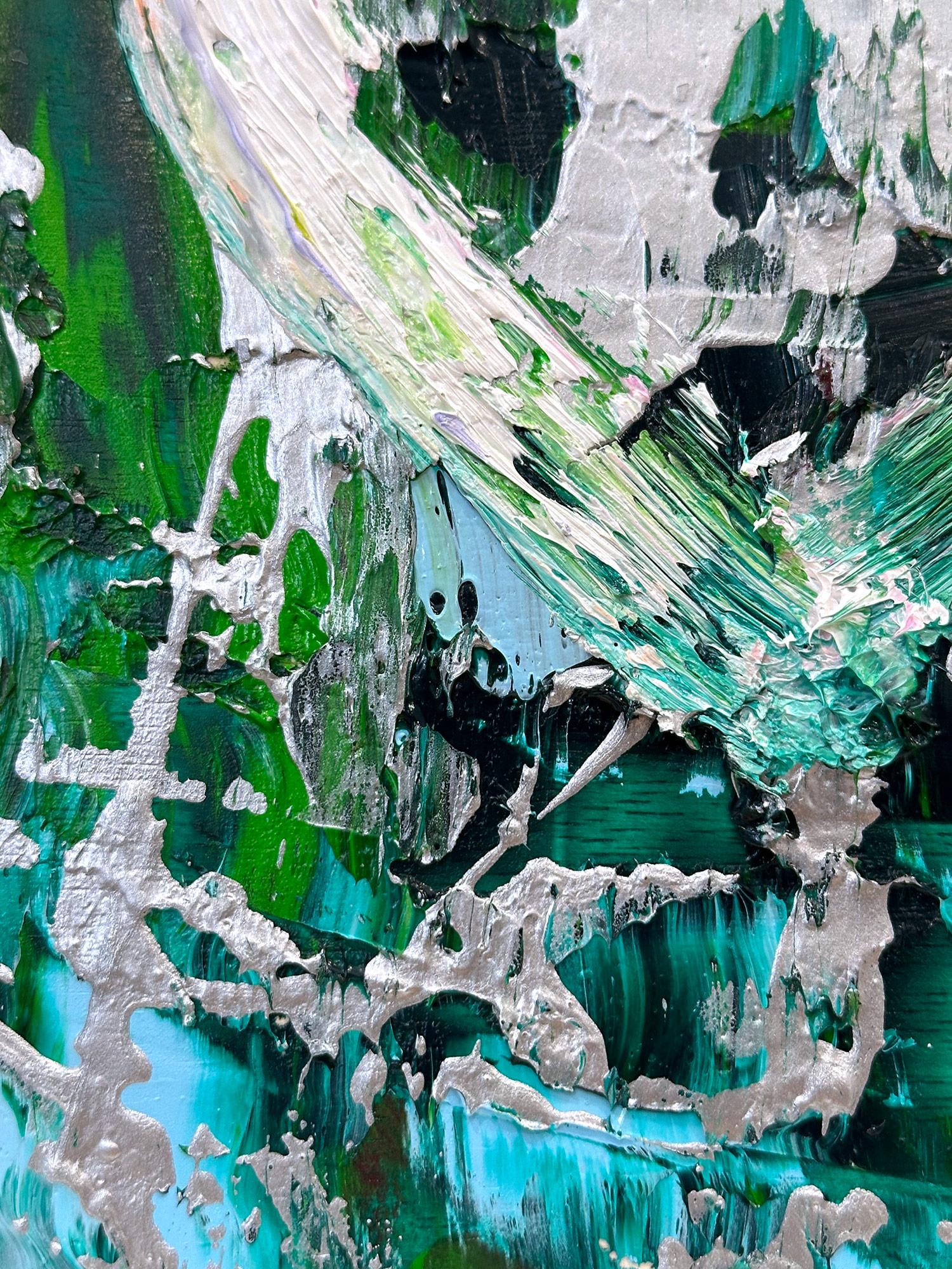 « My Wild at Heart », peinture à l'huile pop art verte et argentée avec cadre flottant blanc en vente 3