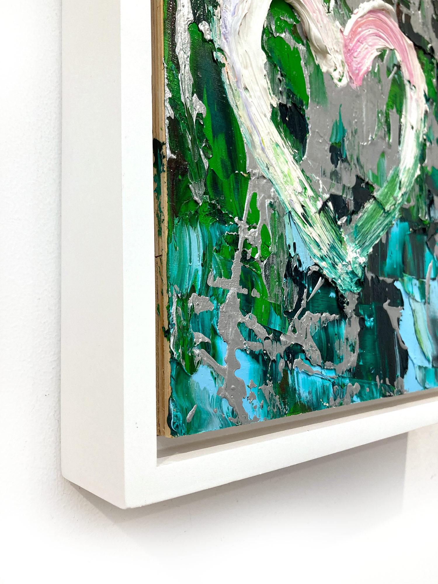 « My Wild at Heart », peinture à l'huile pop art verte et argentée avec cadre flottant blanc en vente 4